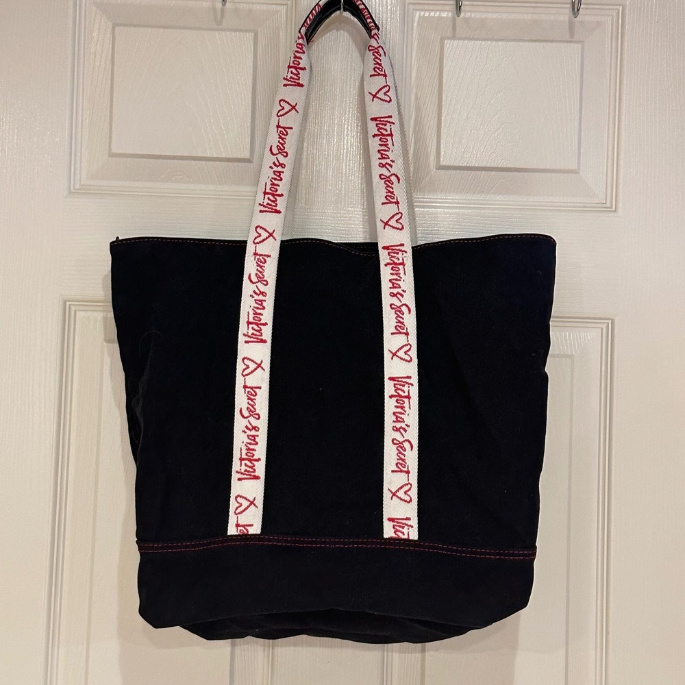 Victorias Secret Black Canvas Tote Bag Red Logo Straps Large Shoulder Bag